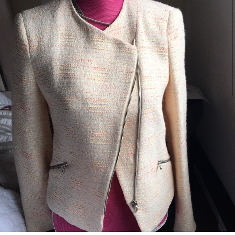 Zara Cream Tweed Asymmetrical Zip Blazer with Subtle Peach Threads